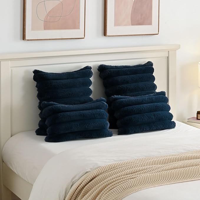 FUTEI Navy Blue Decorative Throw Pillow Covers 22x22 Inch Set of 2, Square Soft Faux Rabbit Fur Thick Striped Cushion Cover,Winter Home Decor for Couch Bed Living Room