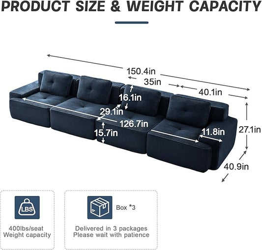 150.4” Blue Boneless Couches for Living Room, Modular Sectional Sofa, 4 Seater Comfy Upholstered Deep Seat Corduroy Fabric Cloud Couch No Assembly, Anti-Slip Design