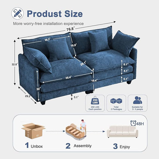 77" Cloud Sofa Loveseat & Couch|Small 2-Seater Chenille Sectional Sofa with 29.1" Deep Seat|FSC Certified Solid Wood & Metal Frame|Easy Assembly & 1YR Guarantee| for Apartment Living Room Bedroom