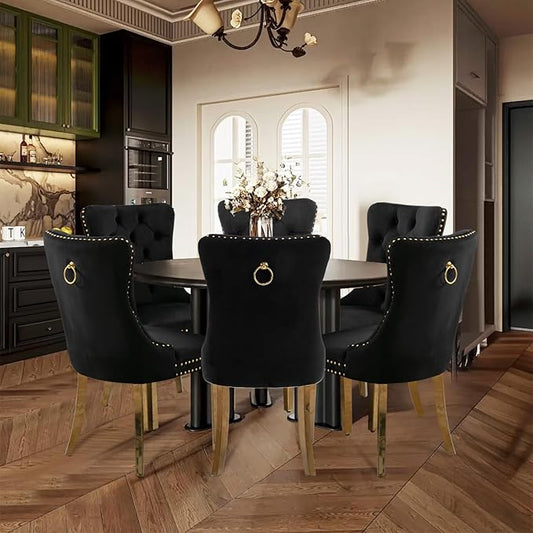 Velvet Upholstered Dining Chairs Set of 8, Modern Style Kitchen Side Chairs with Nailhead Trim and Gold Plated Leg, Metal Pulling Ring for Dining Room Living Room(Black)