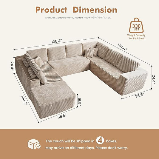 Weaxty Cloud Sectional Couch for Living Room, Oversized L Shaped Boneless Couches, Plush Corduroy Memory Foam Deep Seat Floor Sofa, No Assembly Required,Beige