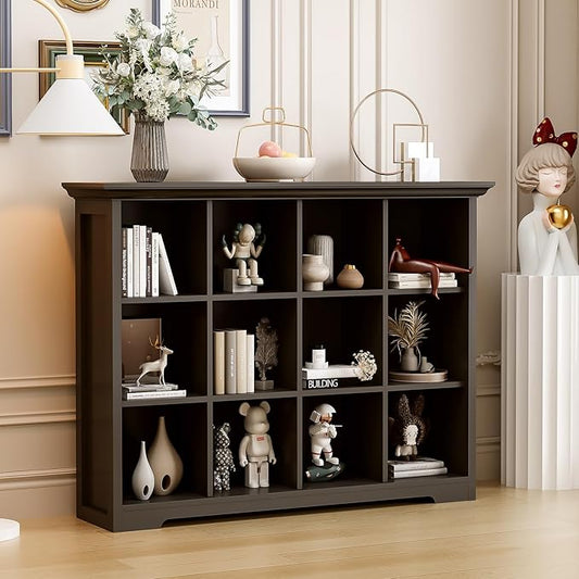 Cube Storage Bookcase with Base - Wooden 3 Tiers Floor Standing Open Shelf Cabinet for Home and Office, 12-Cube Lattice Bookshelf, Black