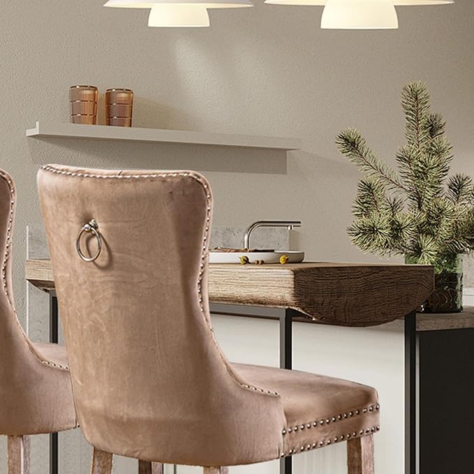 Velvet Upholstered Dining Chairs Set of 8, Modern Style Kitchen Side Chairs with Nailhead Trim and Wood Legs,Metal Pulling Ring for Dining Room Living Room(Khaki)