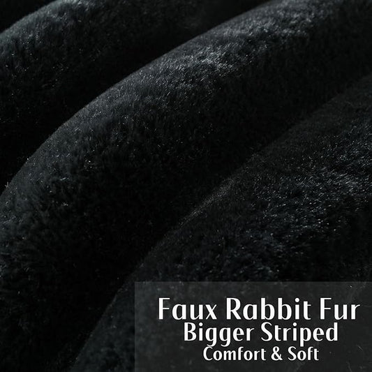 FUTEI Black Decorative Throw Pillow Covers 12x20 Inch Set of 2, Square Soft Faux Rabbit Fur Thick Striped Lumbar Pillow Case,Winter Home Decor for Couch Bed Living Room