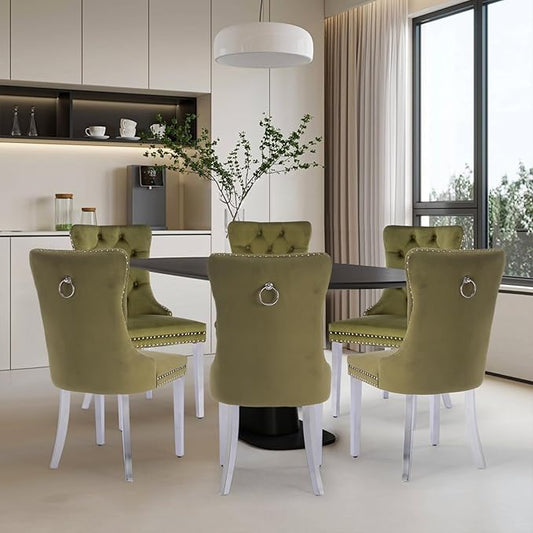 Velvet Upholstered Dining Chairs Set of 6, Modern Kitchen Side Chairs with Nailhead Trim and Silver Plated Leg, Metal Pulling Ring for Dining Room Living Room(Olive Green-Silver Plated Leg)