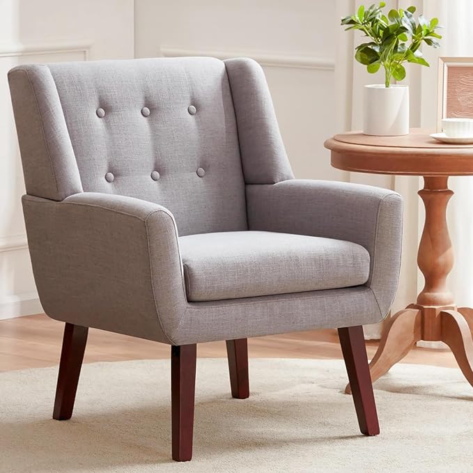 HUIMO Accent Chairs Set of 4, Upholstered Button Tufted Armchair, Linen Fabric Sofa Chairs for Bedroom, Living Room, Mid Century Modern Comfy Reading Chair (4, Light Grey)