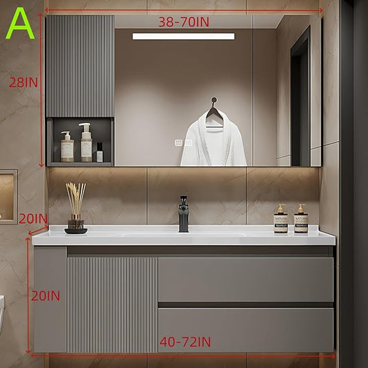 56IN Suspended Bathroom Cabinet Combo Set - Fully Functional LED Mirror with Smart Defogging & Time Display | Bathroom Vanity with Sink,Side Cabinet Storage Compartment (Style A)