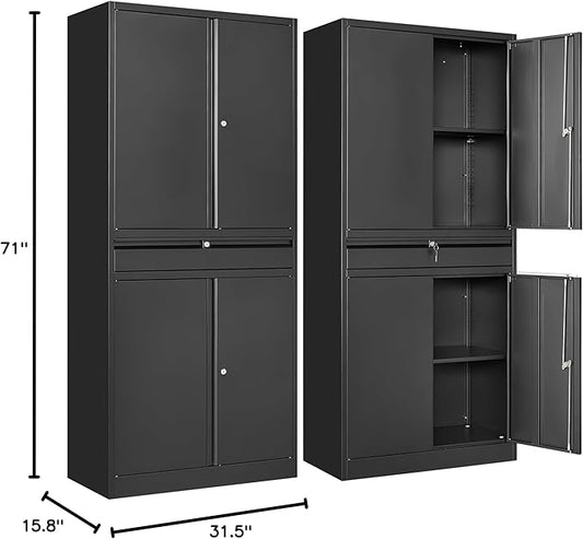 SISESOL Metal Garage Storage Cabinet with Drawer and Lock,Black Metal Storage Cabinet with Locking Doors and Adjustable Shelves,71" Tall Large Steel Tool Cabinets for Home,Office,Garage,Shop