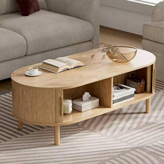 Coffee Table for Living Room, Modern Oval Coffee Table with Cabinets & Sliding Doors, Home Small Space, 47.2" Fluted Center Table, Natual