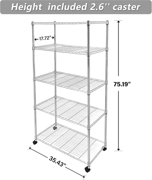 Simple Deluxe 5-Tier Heavy Duty Storage Shelves, 1750 Lbs Loading Capacity, 35.43" W x 17.72" D x 70.87" H Adjustable Shelving Unit with Wheels, Chrome