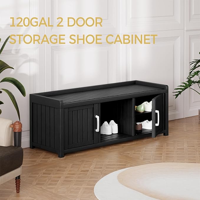 Storage Bench - Waterproof Resin Shoe Bench with Adjustable Shelves - Indoor & Outdoor Use, 2 Doors Entryway Bench with Hidden Storage Space - Storage Cabinet for Bedroom, Hallway, Black