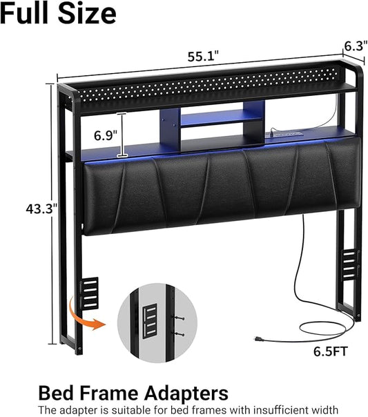Unikito Headboard for Full Size Bed Frame, Upholstered Head Board with Outlets, USB Ports and LED Light, Comfortable Leather Headboards with Storage Shelf, Sturdy Full Bed Headboard Only, Black