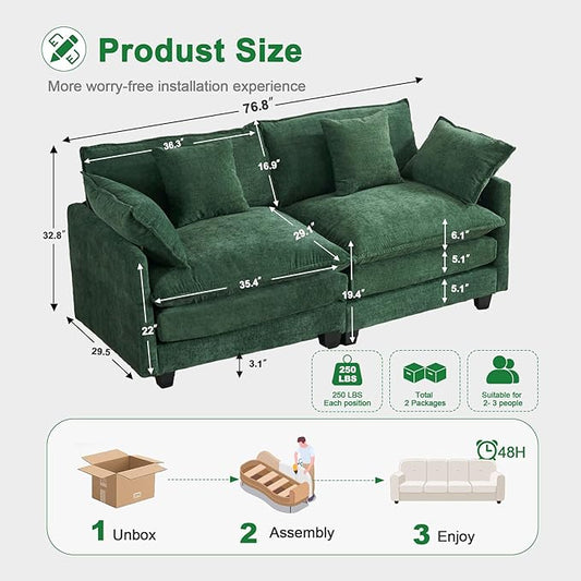 77" Cloud Sofa Loveseat & Couch|Small 2-Seater Chenille Sectional Sofa with 29.1" Deep Seat|FSC Certified Solid Wood & Metal Frame|Easy Assembly & 1YR Guarantee| for Living Room Apartment Bedroom