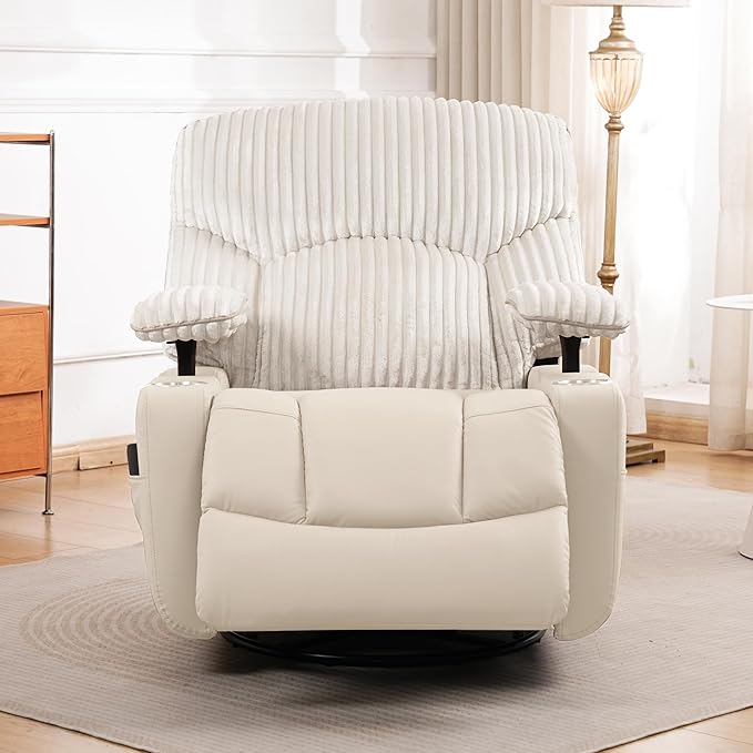 GRAINELL Rocking Chair Nursery, Electric Swivel Recliner Glider with Adjustable Armrests, Nursing Chair with USB Charger, Cup & Blanket Holders, Beige Corduroy & PU Leather