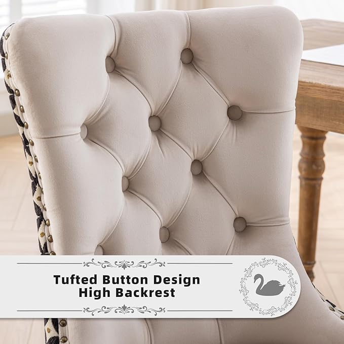 Velvet Upholstered Dining Chairs Set of 4, Modern Style Kitchen Side Chairs with Nailhead Trim and Wood Legs,Metal Pulling Ring for Dining Room Living Room(Quadrangular Star&Beige)