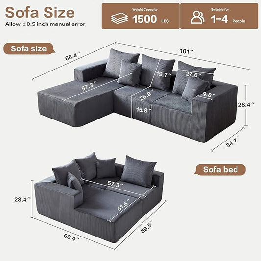 Boneless Couch, 101" Corduroy Couch with Deep Seat, Modular Sectional Sofa in a Box, Memory Foam Compressed Sofa for Living Room (Grey)
