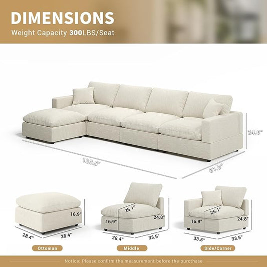Modern Sectional Linen Couch for Living Room L-Shape Sofas,5 Seat Modular Cloud Sofas,Couches Cushion Covers Removable,Cozy Feather Down Sofa for Apartment Beige