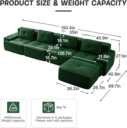 150.4” Green Boneless Couches for Living Room, Modular Sectional Sofa with L-Shape Chaise, 4 Seater Comfy Upholstered Deep Seat Corduroy Fabric Cloud Couch No Assembly, Anti-Slip Design