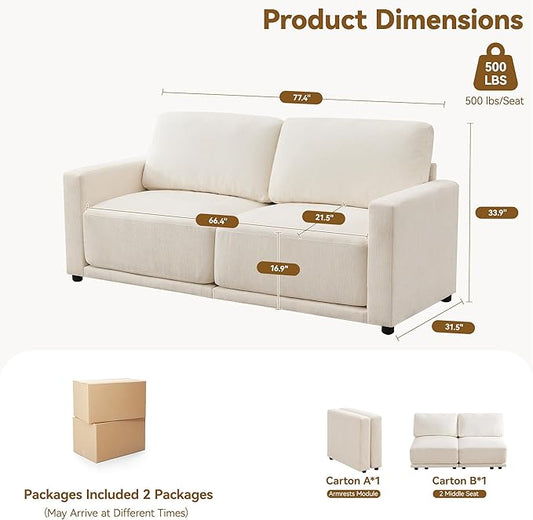 77.4" Chenille Modular Loveseat Oversized Upholstered 2 Seater Sectional Sofa with Thickened Cushions, Easy Assembly, Modern Comfy Love Seat Couch for Living Room, White