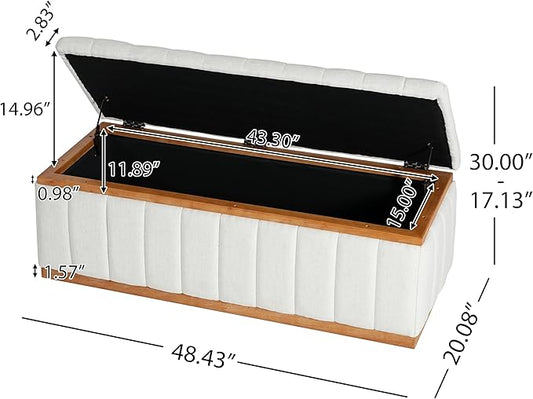 Christopher Knight Home Kira Living Room Ottoman with Storage, Linen Upholstered Storage Ottoman Bench with Channel-Tufted Design, Wood Frame Sofa Foot Stool, Bedroom End of Bed Bench, Beige