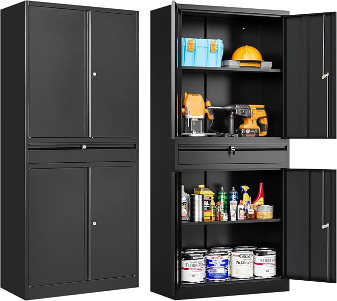 SISESOL Metal Garage Storage Cabinet with Drawer and Lock,Black Metal Storage Cabinet with Locking Doors and Adjustable Shelves,71" Tall Large Steel Tool Cabinets for Home,Office,Garage,Shop