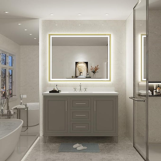 LED Bathroom Mirror, 40x30 Inch Frontlit & Backlit Gold Framed Lighted Mirror,Wall Mouted Vanity Mirror with Lights,Double Lights Strips,Anti Fog Stepless 3 Colors Temperature & Dimmable