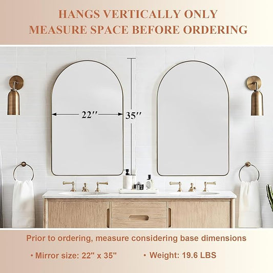 ANDY STAR Arched Mirror, 22" x 35" Gold Bathroom Mirror in Stainless Steel Metal Frame, Arch Top Rounded Corner 1" Deep Set Design Wall Mount Hangs Vertical