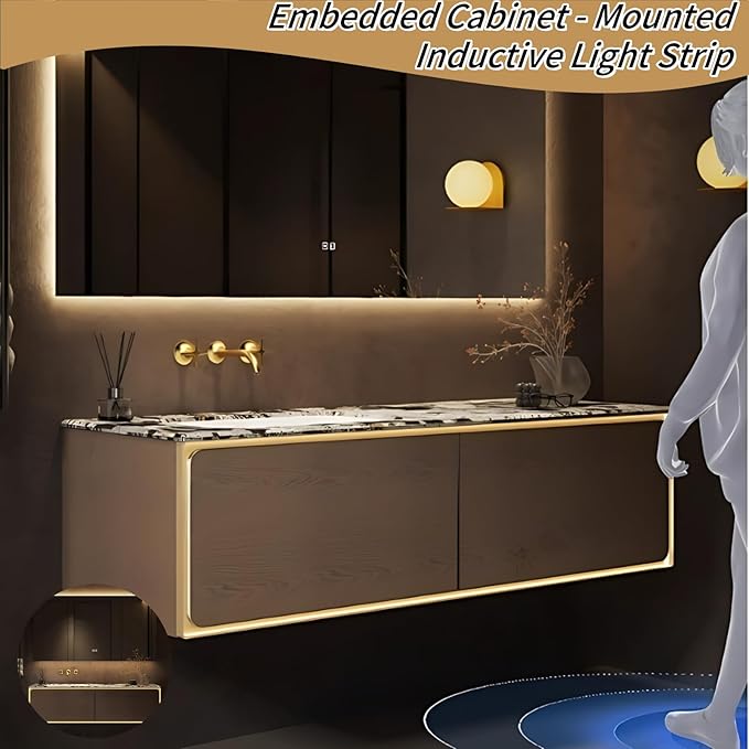 50IN Bathroom Vanity Set with a Single Sink - Embedded Sensor Light Strip & Large Capacity Floating Cabinet | Modern Bathroom Vanities with Defogging Mirror Surface & LED Lighting (Mirror)