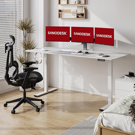 SANODESK Electric Standing Desk 71x32 Inch Height Adjustable Stand Up Desk Home Office Computer Workstation Sit Stand Home Office Desk with Splice Board (White Frame + White Top)