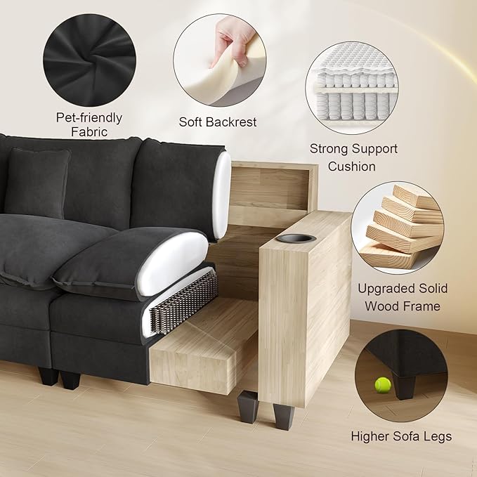 Cloud Couch, Modular Sectional Sofa with Ottoman, Charging Station, Throw Pillows, Cup Holders, Modern Convertible L Shaped Couches for Living Room, Bedroom (Classic Black, 152"- U Shape)