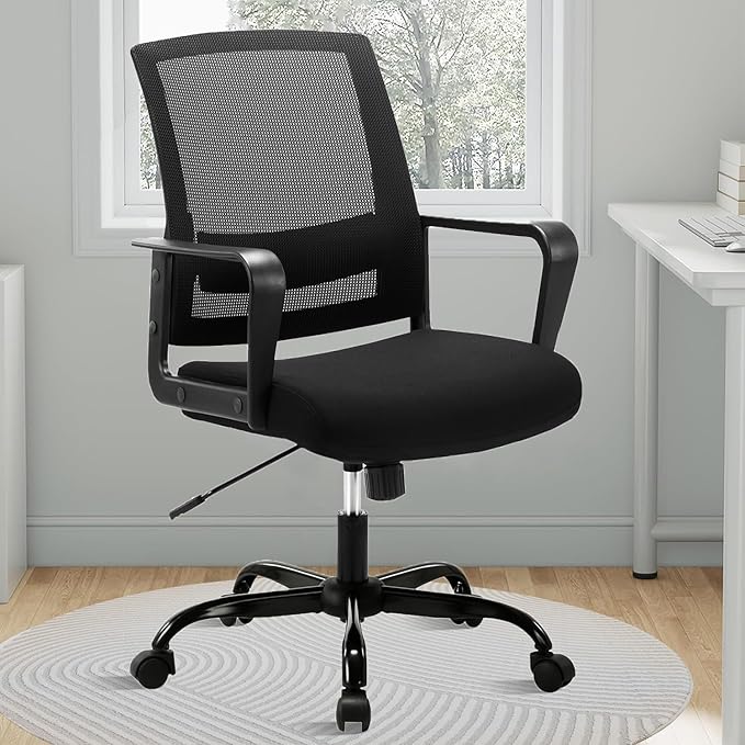 CLATINA Ergonomic Desk Chair, Mid Back Mesh Computer Chair with Lumbar Support and Armrest, Height Adjustable Swivel Chair for Home Office, Black (1PK)