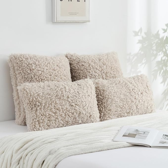 FUTEI Beige Decorative Throw Pillow Covers 26x26 Inch Set of 2,Soft Fluffy Faux Wool Fur Boucle Textured Euro Pillow Shams,Modern Home Decor for Couch Bed Living Room Office