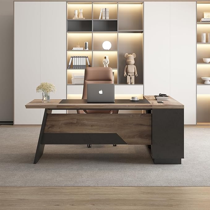 Office Desk with Drawers, 78.74 Inches L-Shape Executive Desk, Industrial Wood Desk with Storage Shelves, Modern Computer Desk for Home Office, Black and Wood, Right