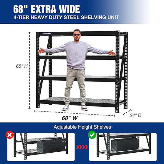 WORKPRO 68" Ultra Wide 4-Tier Metal Garage Shelving Unit, 68"W x 24"D x 65"H, 7200 LBS Capacity, Heavy Duty Storage Utility Rack, Industrial Adjustable Shelves for Shop Warehouse Basement, Pack of 2
