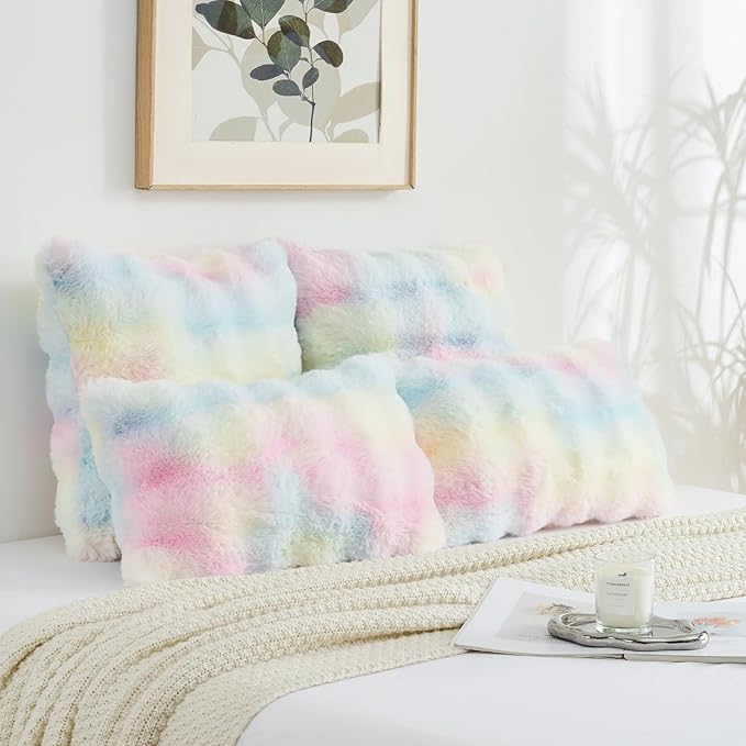 FUTEI Rainbow Decorative Throw Pillow Covers 24x24 Inch Set of 2,Soft Fuzzy Faux Rabbit Fur European Cushion Covers with Raised Texture,Neutral Boho Home Decor for Couch Bed Living Room