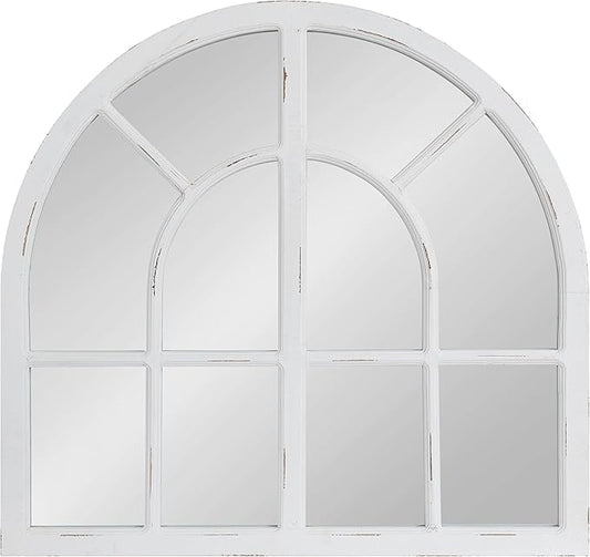Kate and Laurel Boldmere Modern Farmhouse Wide Windowpane Arched Mirror; 30 x 29; White; Decorative Vintage Inspired Window Mirror for Farmhouse Wall Decor