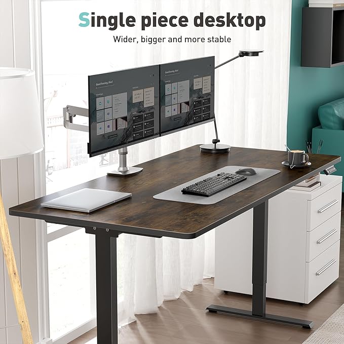 One-Piece Electric Standing Desk, 48 x 24 Inch Adjustable Height Sit to Stand Up Desk for Home Office, Work & Study, White Frame & Brown Desktop (2 Packages)