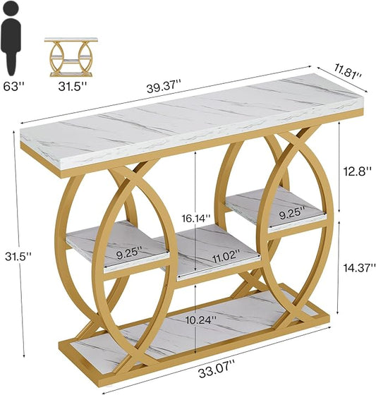 Tribesigns 39.4" Console Table, Industrial 4-Tier Sofa Table Entryway Table with Storage Shelves, Narrow Wood Accent Tables with Metal Frame for Small Spaces, Hallway, Foyer, White Gold