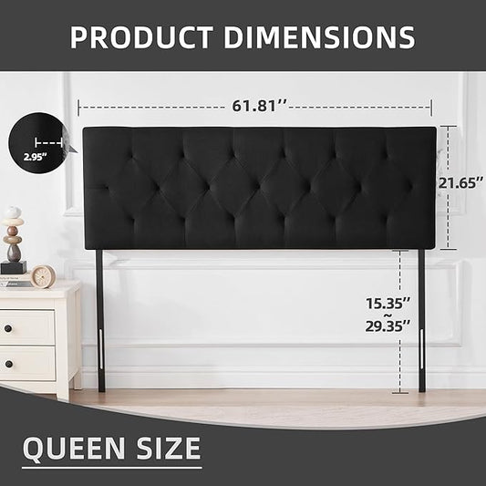 Linen Fabric Upholstered Headboard Queen Size, Modern Diamond Tufting Solid Wood Queen Headboard Only, Adjustable Height from 37β to 51β Head Board, Bed Frame or Wall Mount Headboards, Black