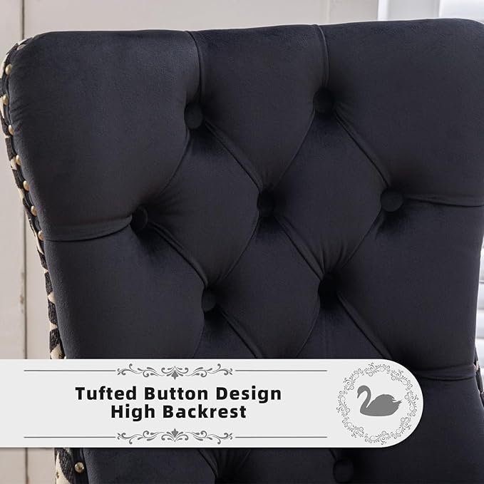 Velvet Upholstered Dining Chairs Set of 2, Modern Style Kitchen Side Chairs with Nailhead Trim and Wood Legs,Metal Pulling Ring for Dining Room Living Room(Quadrangular Star&Black)
