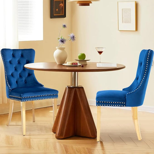 Velvet Upholstered Dining Chairs Set of 2, Modern Style Kitchen Side Chairs with Nailhead Trim and Gold Plated Leg, Metal Pulling Ring for Dining Room Living Room(Blue-Gold Plated Leg)