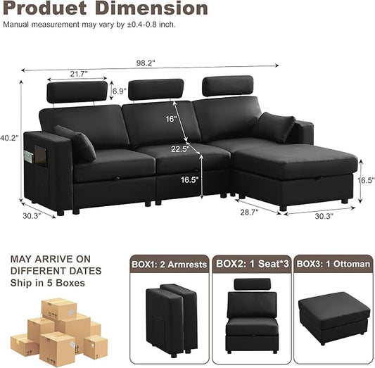 98.2" Modular Sectional Storage Couch, Oversized Faux Leather L Shaped Couch, Modern Cloud Upholstered Sofa with Headrest & Side Pocket, Sectional Sofa for Living Room Apartment Small Spaces, Black