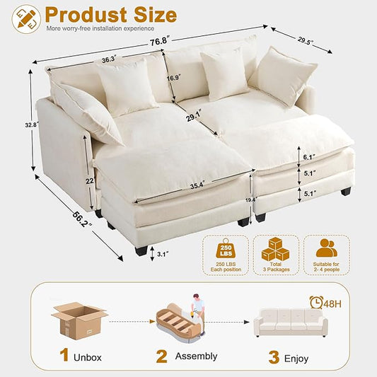 77" Cloud Chenille Sectional Sofa with 2 Ottomans|Modular Couch with 29.1" Deep Seat|FSC Solid Wood Frame|Easy Assembly & 1YR Guarantee|for Apartment Living Room (Beige, 77 Inch(U))