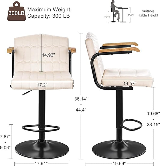 VECELO Bar Stools Set of 2, Adjustable Upholstered Swivel Barstools, Modern Counter Height Bar Stools with Back and Footrest, Island Chairs for Kitchen, Dining Room, Bar