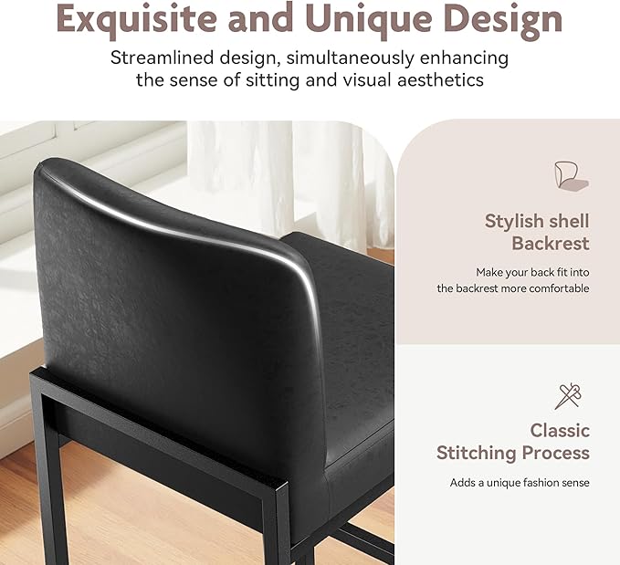 ALPHA HOME 24 Inch Bar Stools, Kitchen Counter Stools with Backs, Black Bar Stools Set of 4, PU Leather Barstools, Kitchen Stools with Back&Upholstered Footrest, Sturdy Chromed Metal Steel Frame