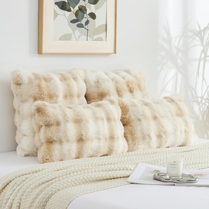 FUTEI Beige White Decorative Throw Pillow Covers 20x20 Inch Set of 2,Soft Fuzzy Faux Rabbit Fur Cushion Covers with Raised Texture,Neutral Boho Home Decor for Couch Bed Living Room
