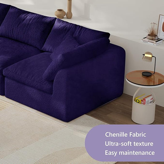 138" Boneless Cloud Couch Modular Sectional Sofa with Deep Seat for Living Room, L Shape Couch with Ottoman, Snowflake Cloth and 40D Memory Sponge,2 Throw Pillows (Purple, 4 Seater+1 Ottoman)