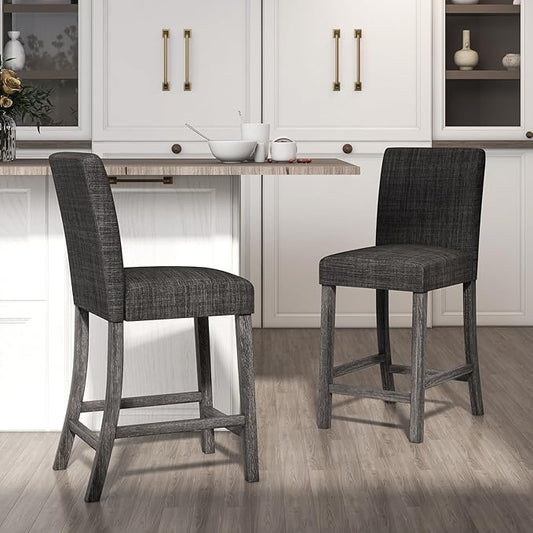 COSTWAY Counter Height Bar Stools Set of 4, 24.5’’ Upholstered Mid Century Modern Island Chairs with Rubber Wood Legs, Wooden Barstools for Kitchen, Dining Room, Bar, Restaurant (Grey)