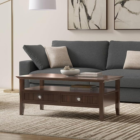 SIMPLIHOME Acadian Coffee Table - 48 inch Wide Solid Wood Transitional Cocktail Table with 2 Drawers in Brunette Brown, Classic Living Room Table with Storage Shelf and Tapered Legs