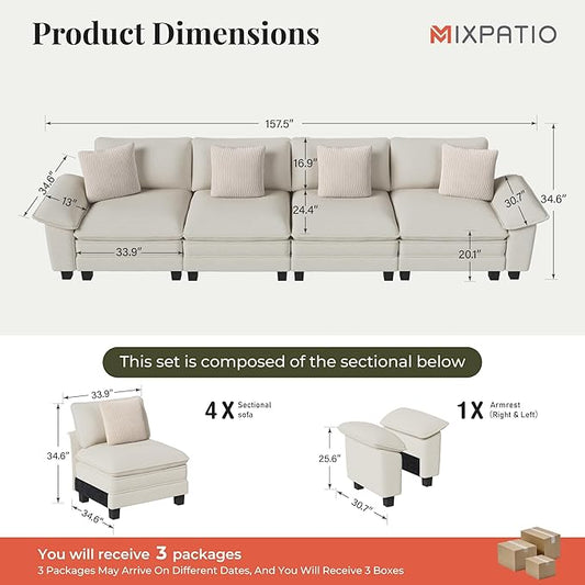 157.5" Cloud Modular Sectional Sofa, 4-Seater w/Deep Seat & Removable Arms, Plush Chenille for Living Room - Beige